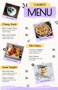 Yellow Purple Doodle Children's Food Menu Printable (Half Page Wide) template