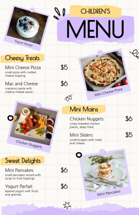 Yellow Purple Doodle Children's Food Menu Printable (Half Page Wide) Szeroki pół strony template