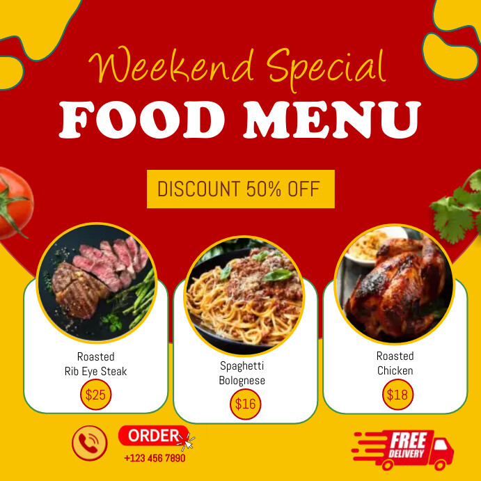 yellow red food menu template Instagram na Post
