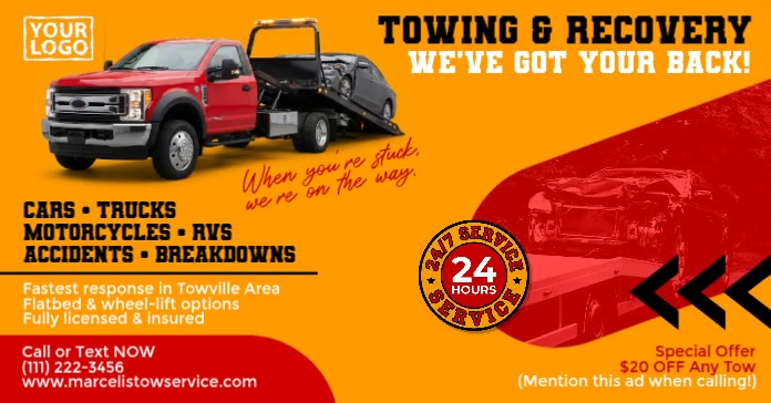 Plantilla de Yellow Red Tow Truck Towing Service Facebook Video Ad ...
