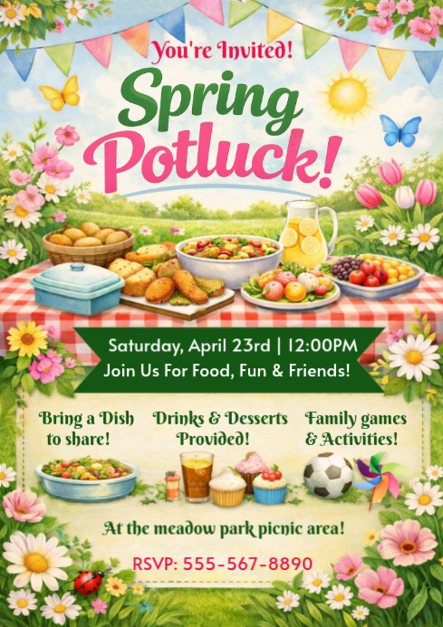 Yellow Spring Potluck Flyer Design A4 Template | PosterMyWall
