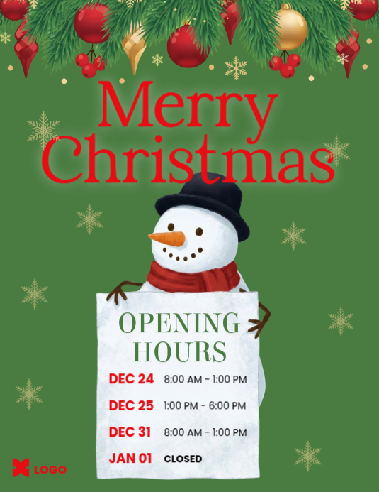 Yellow Typographic Green & Festive Illustrative Christmas Opening Hours ...