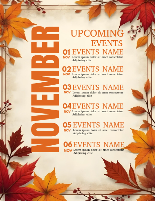 Real Event Flyer Examples Yellow Vintage November Events Calendar Flyer Template | PosterMyWall