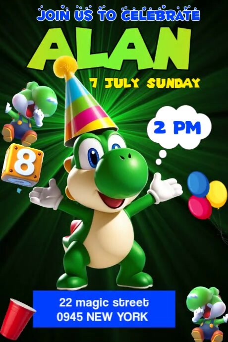 Yoshi birthday party invitation Poster template