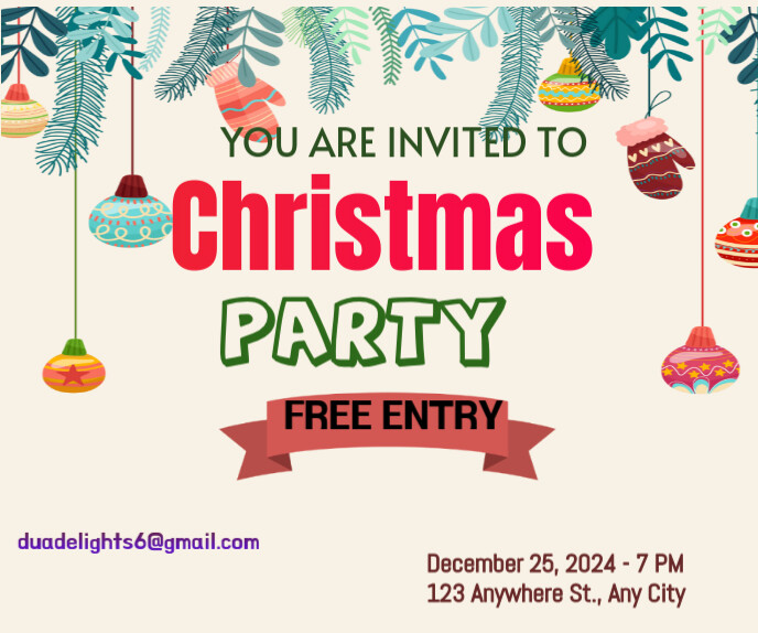 you are invited to christmas party,free entry in 25 December 2024 Duży prostokąt template