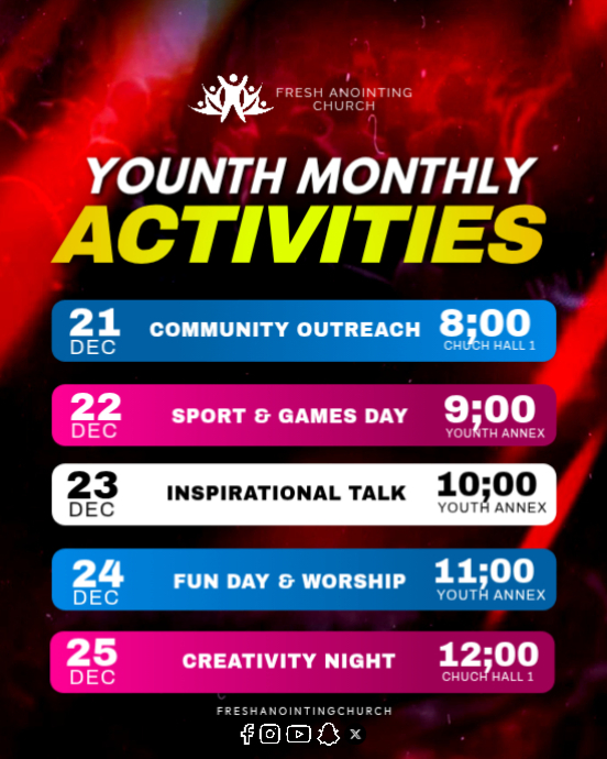 Church Program Line Up Plantilla de Youth Monthly Church Program Lineup Events Schedule ...