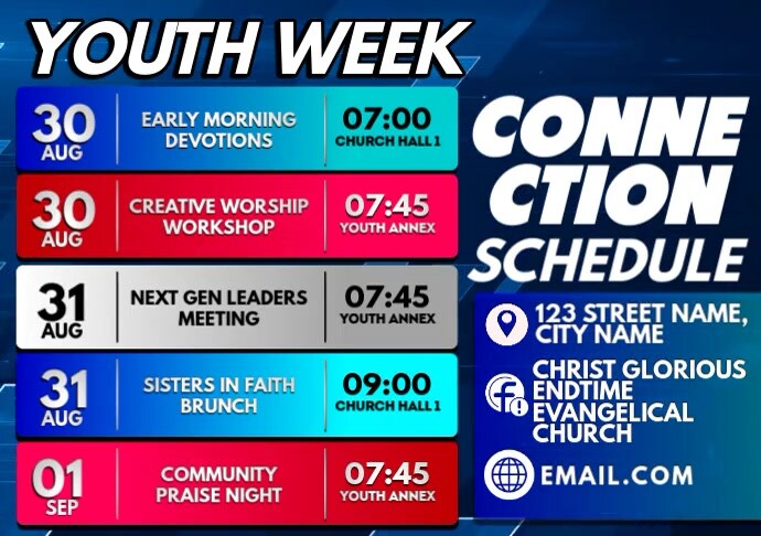 Hello Week Connection Chain Copy of Youth Week Connection Schedule | PosterMyWall
