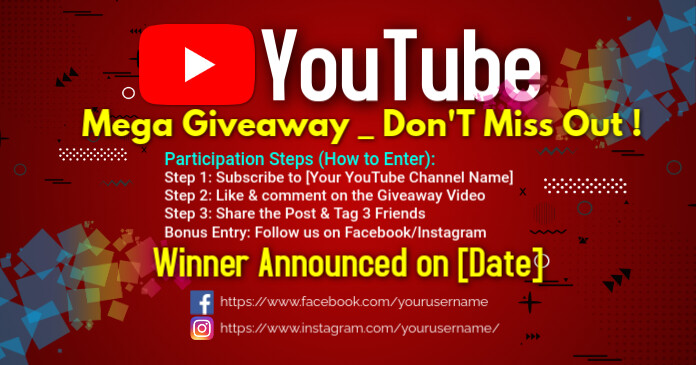 Youtube Mega Giveaway Facebook Shared Image Template | PosterMyWall