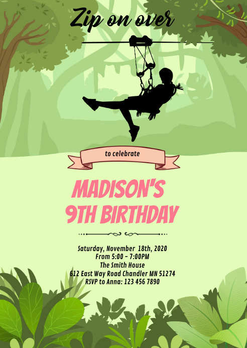 Zipline girl invitation A6 template